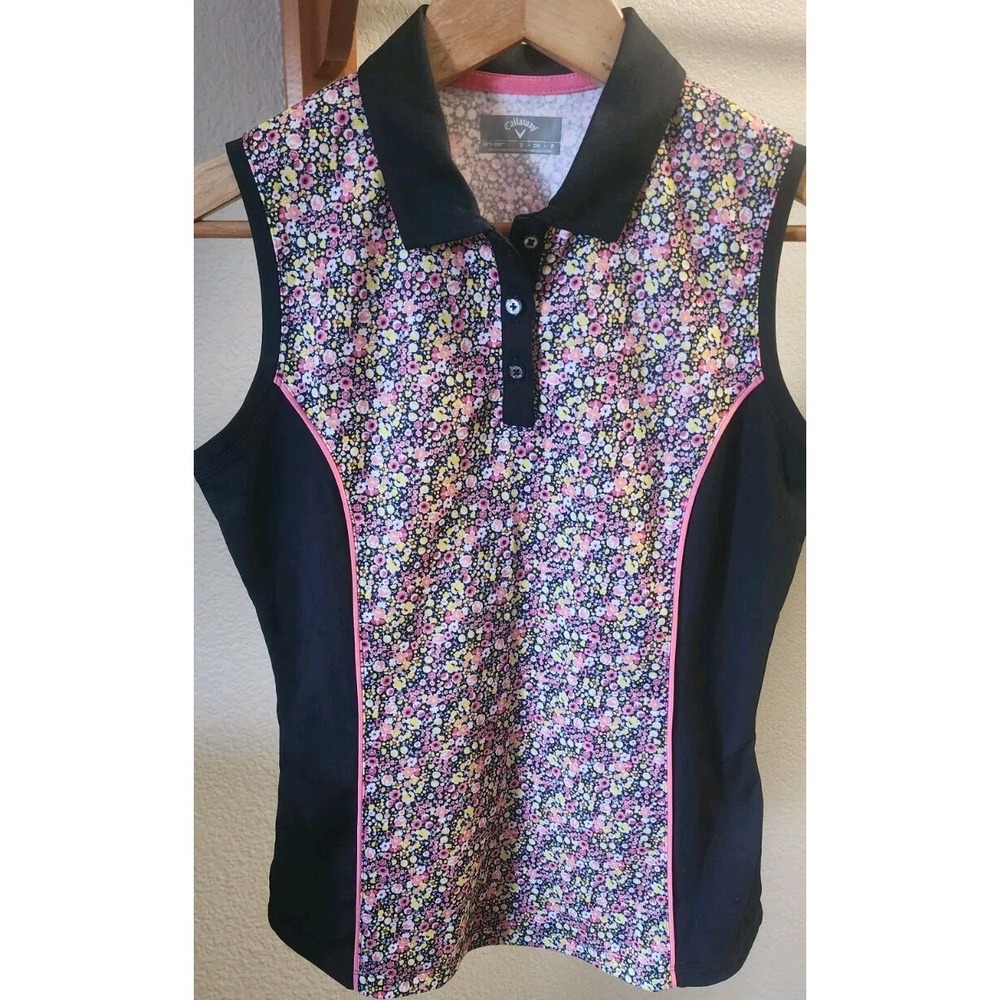 Callaway Ladies Ditsy‎ Print Sleeveless Polo CaviarPink Floral Golf EUC